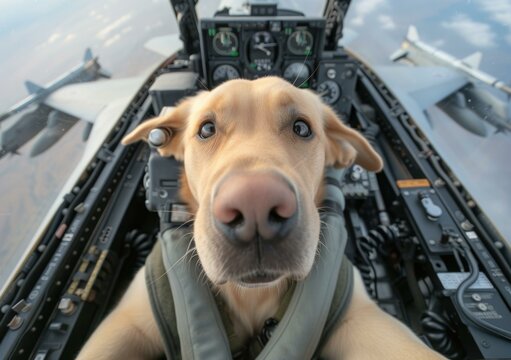 A dog is sitting in the cockpit of a fighter jet. Generative AI.
