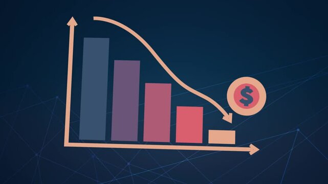 3D motion animation of going downward bar chart falling stock index Graph arrow showing fluctuate trend Tickers Changing Motion Background decline decrease losses business index
