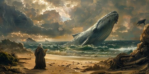 The Old Testament prophet Jonah was praying on the shore with a large whale behind him