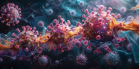 Naklejka premium Microscopic view of colorful coronavirus particles