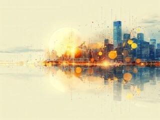 Abstract cityscape with digital elements and a glowing sun