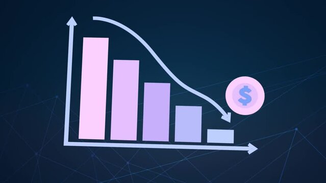3D motion animation of going downward bar chart falling stock index Graph arrow showing fluctuate trend Tickers Changing Motion Background decline decrease losses business index