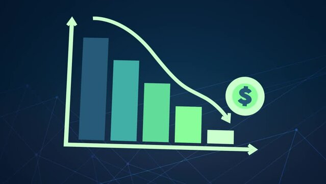 3D motion animation of going downward bar chart falling stock index Graph arrow showing fluctuate trend Tickers Changing Motion Background decline decrease losses business index