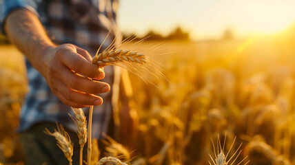Agriculturist inspecting golden wheat in a sun-drenched field during abundant autumn harvest season 