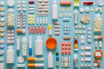 A high-angle view of various medication bottles and pills organized in rows, showcasing different types of pharmaceuticals in containers.