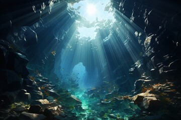 seabed, sharp rocks, sunlight penetrating from the surface of the water into the depths, view from the seabed