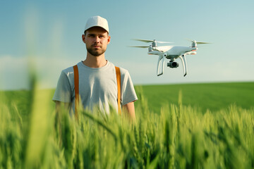 Young farmer with AI-powered drone analyzing crop health in a vibrant green wheat field 
