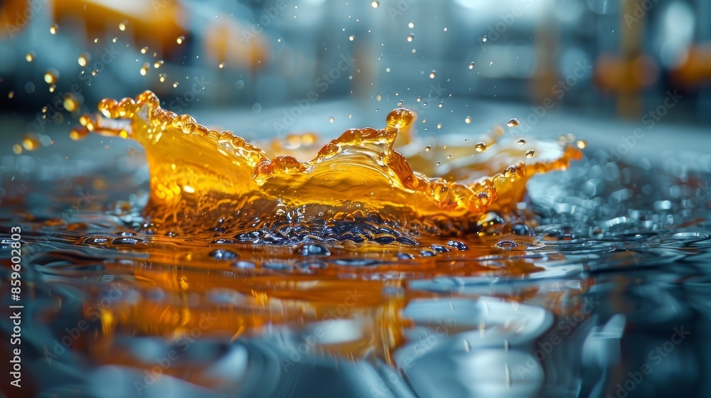 Poster an artistic close-up of a splash in a shiny liquid, captured with vibrant colors and dynamic motion,
