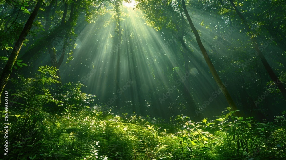 Poster sunbeams filtering through a lush green forest canopy, creating a mystical and serene atmosphere