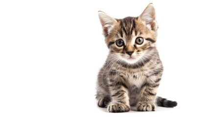 Adorable striped kitten sitting on white background. This cute cat has big eyes and looks curious. Perfect for animal lovers and pet-related content. Photography in high resolution. AI