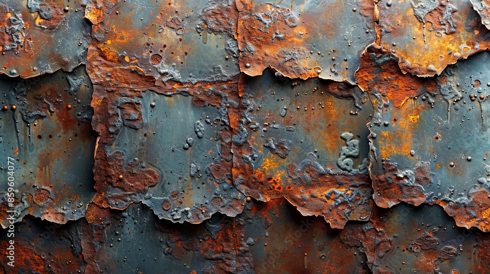 Poster a detailed capture of rusted metal sheets, exhibiting an aged and corroded texture with vibrant colo