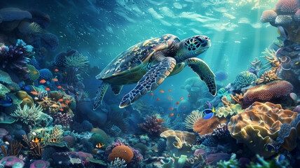 Fototapeta premium underwater turtle swimming gracefully through a coral reef,