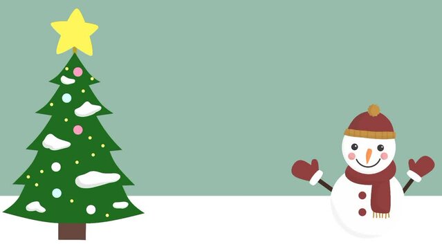 Christmas tree with sparkling light and snowman waving hands, christmas background animation 