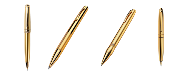 Gold pens collection isolated on transparent background