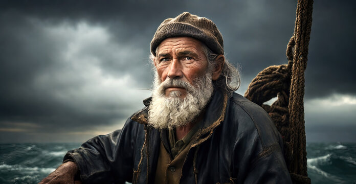 Portrait of an old fisherman in a fishing boat at stormy sea, generative AI