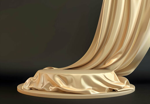 Elegant beige satin fabric on display pedestal. Podium for luxury product showcase.