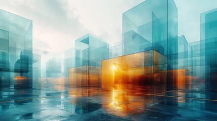 This image captures an abstract cityscape of modern architecture, featuring transparent glass cube structures illuminated by the warm glow of a sunset, reflected on a wet surface.