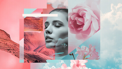 Surreal Portrait of Woman with Floral and Landscape Elements
