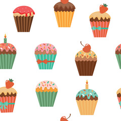 Seamless pattern with cupcakes on white background. 