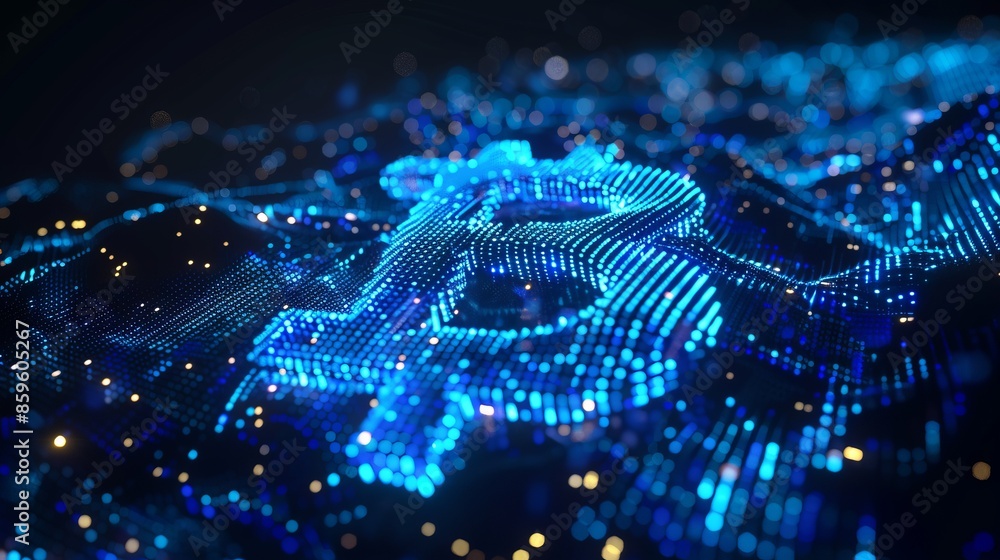 Poster illuminated bitcoin symbol with blue digital particles. futuristic and modern style representing cry