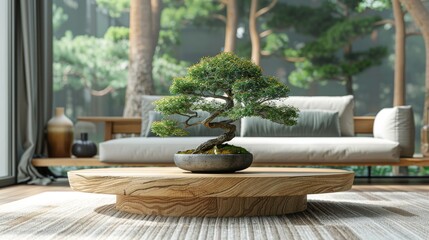 Fototapeta premium A serene image featuring a beautifully pruned bonsai tree placed on a wooden table, set within a modern interior space that offers a sense of tranquility and natural beauty.