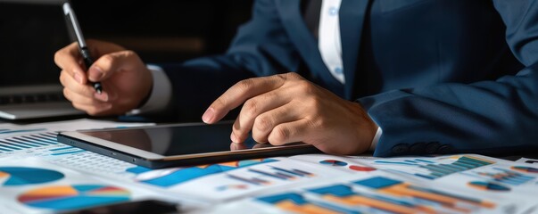 Businessperson analyzing financial graphs and charts on a tablet, surrounded by various printed reports and data, illustrating financial planning and strategy.