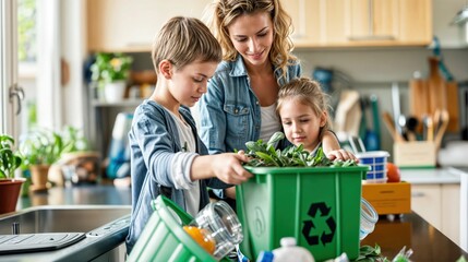 A family sorts recyclables in their kitchen