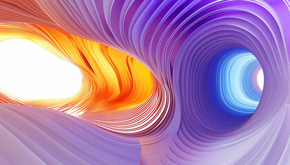 A long, curved tunnel with a bright orange and blue color scheme. The tunnel appears to be a part of a larger structure, possibly a building or a piece of art