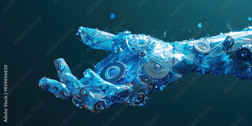 Poster The abstract giving hand with gears is designed in a geometric style with low poly content.