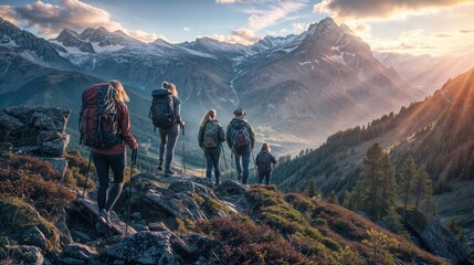 Obraz premium Friends hiking in the mountains at sunrise