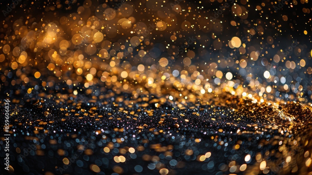 Poster this image captures the intricacies of golden and black glitter creating a mesmerizing and sparkling