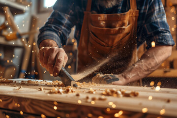 The man is a master woodworker making wooden furniture in his workshop. Carpenter