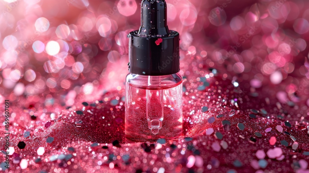 Poster this image captures pink glitter and a vial, creating a dreamy and enchanting abstract scene, perfec