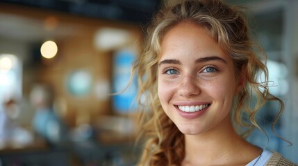 Obraz premium A young woman with light wavy hair, smiling warmly in an indoor setting, illuminated softly by gentle lighting, radiating joy and youthful exuberance in a serene environment.