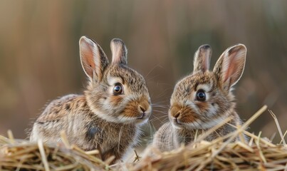 Obraz premium Two rabbits sitting in dry grass in meadow