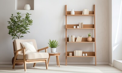 Wooden ladder shelf and white armchair interior design of modern living room