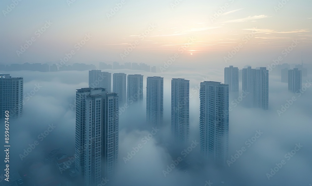 Wall mural the city's high-rises in the thick morning fog. - Wall murals