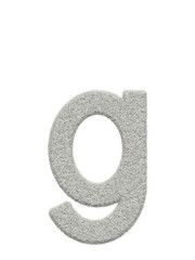 Small letter g made of white wool with many fine hairs, transparent background, 3d rendering