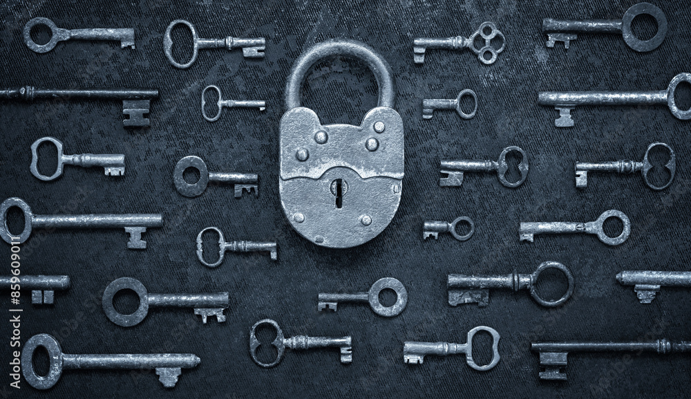 Poster antique door locks and keys on an old background. old padlock and key. set as a symbol of security, 