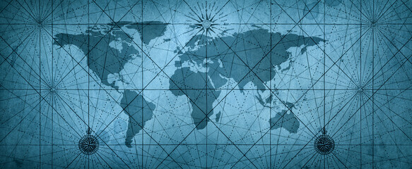 Old blue map of the world on a old parchment background. Vintage style. Tinting in blue color....