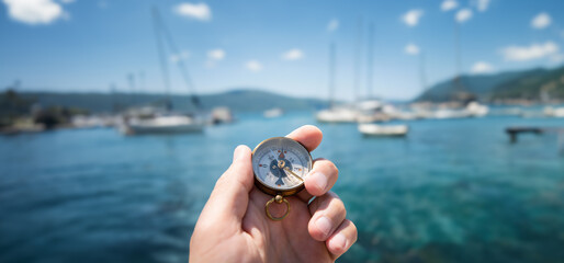 Compass in hand on the background of yachts and the sea. Background on the theme of travel,...