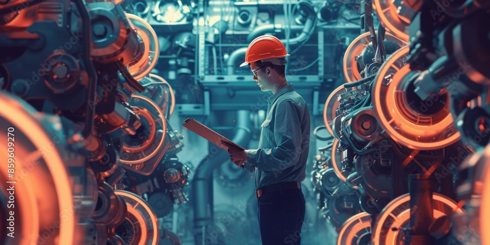 Poster smart engineer checking iron machine in factory while wearing safety helmet. professional industrial