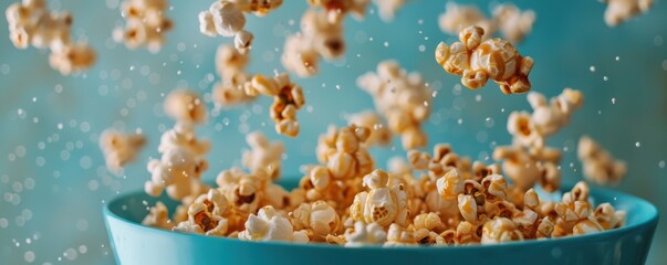Caramelized popcorn mid-air, falling into a blue bowl against a vibrant blue background. Fun and dynamic snack moment captured.