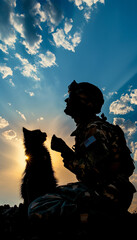 Fototapeta premium Silhouetted Soldier and Dog Bonding at Sunset