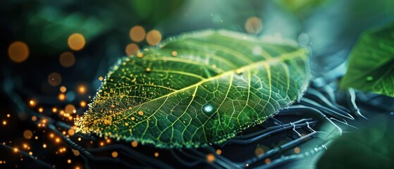 Conceptual closeup of a digital leaf with embedded nanotechnology for monitoring environmental conditions