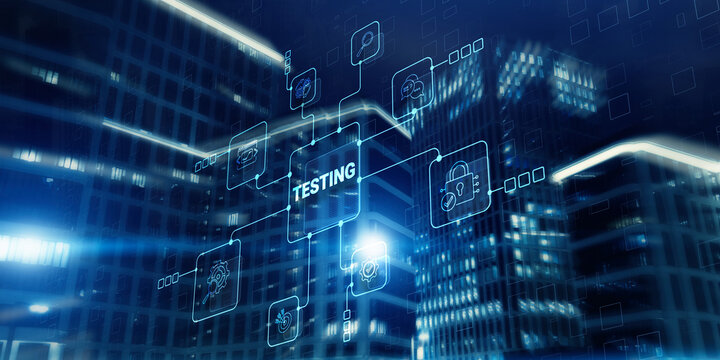 Testing inscription, digital business technology concept on modern city background
