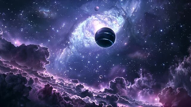 Pushing towards a neutron star over purple clouds of nebula with a galaxy in the distance.