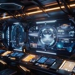 A futuristic space station with a large monitor in the center