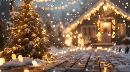Obraz premium A Christmas tree outside in the snow with garland lights, Christmas atmosphere