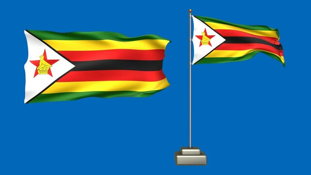 Zimbabwe flag waving in the wind on a blue background. 3d Animation of a flying flag